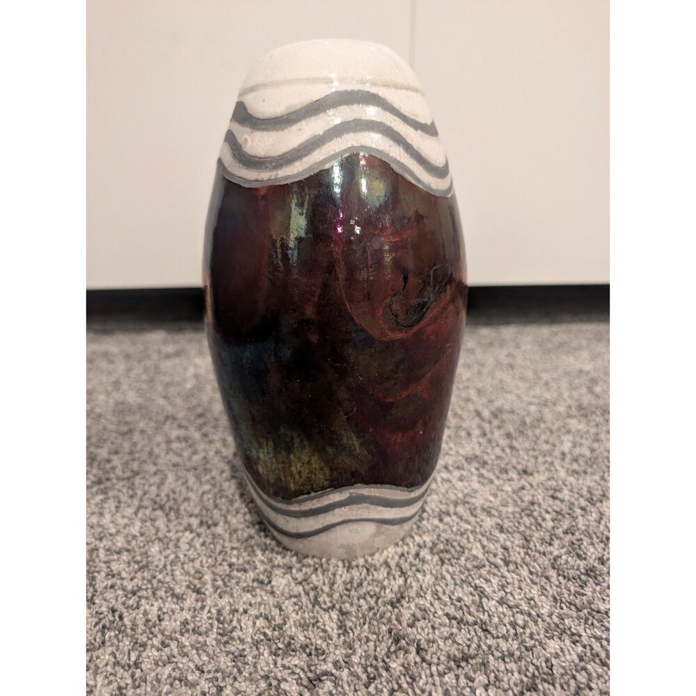 Raku Pottery Vase 11 Inch Iridescent Copper White Crackle Handmade Signed